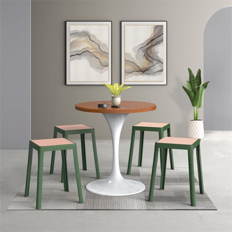 LeisureMod Tresse Stackable Square Plastic Dining Stool with Wicker Top Green