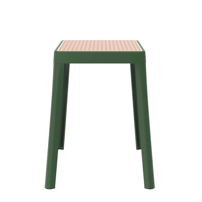 LeisureMod Tresse Stackable Square Plastic Dining Stool with Wicker Top Green
