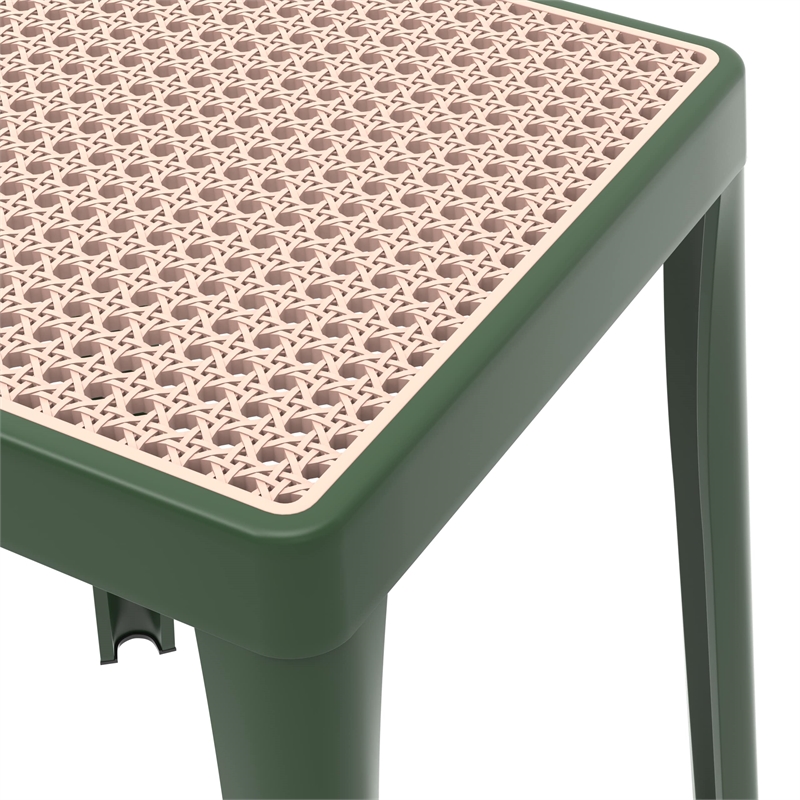 LeisureMod Tresse Stackable Square Plastic Dining Stool with Wicker Top Green