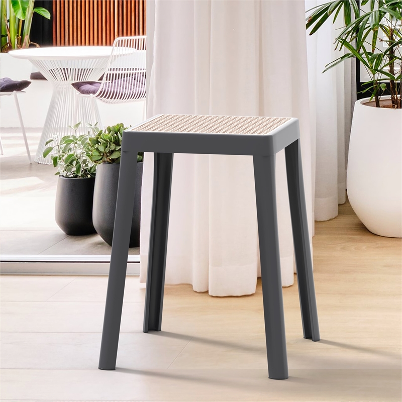 LeisureMod Tresse Stackable Square Plastic Dining Stool with Wicker Top Gray