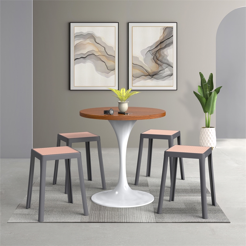 LeisureMod Tresse Stackable Square Plastic Dining Stool with Wicker Top Gray
