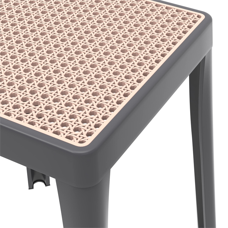 LeisureMod Tresse Stackable Square Plastic Dining Stool with Wicker Top Gray