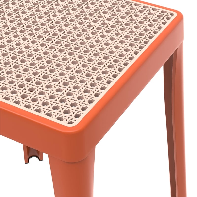 LeisureMod Tresse Stackable Square Plastic Dining Stool with Wicker Top Orange