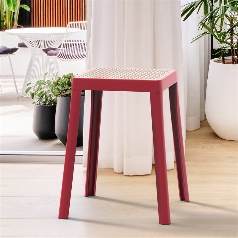 LeisureMod Tresse Stackable Square Plastic Dining Stool with Wicker Top Red