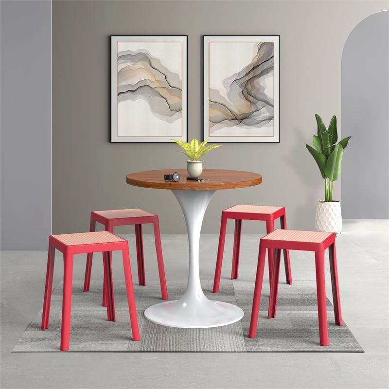 LeisureMod Tresse Stackable Square Plastic Dining Stool with Wicker Top Red