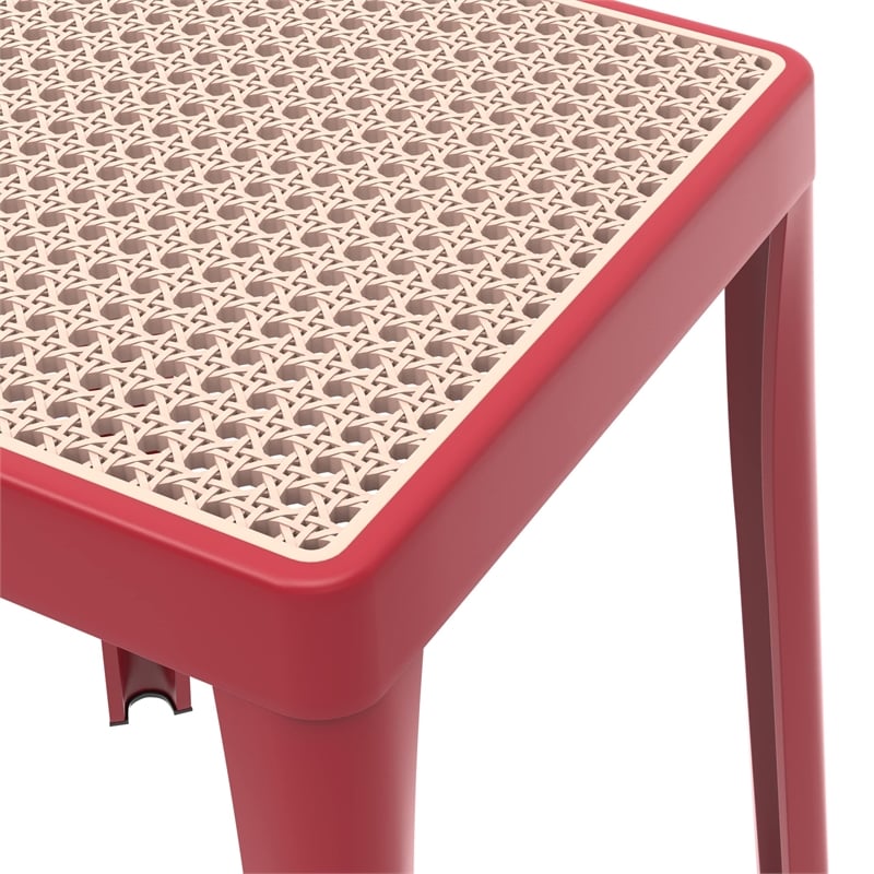LeisureMod Tresse Stackable Square Plastic Dining Stool with Wicker Top Red