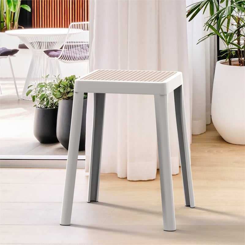 LeisureMod Tresse Stackable Square Plastic Dining Stool with Wicker Top White
