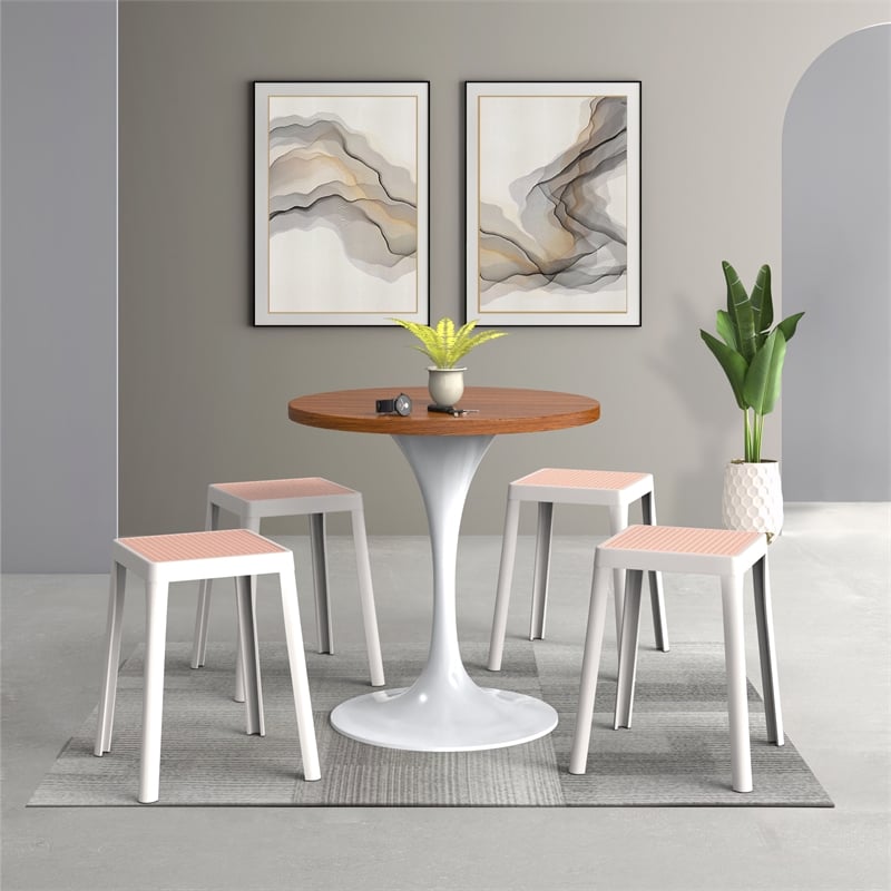 LeisureMod Tresse Stackable Square Plastic Dining Stool with Wicker Top White