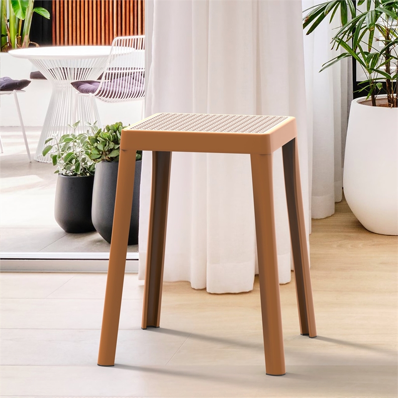 LeisureMod Tresse Stackable Square Plastic Dining Stool with Wicker Top Yellow