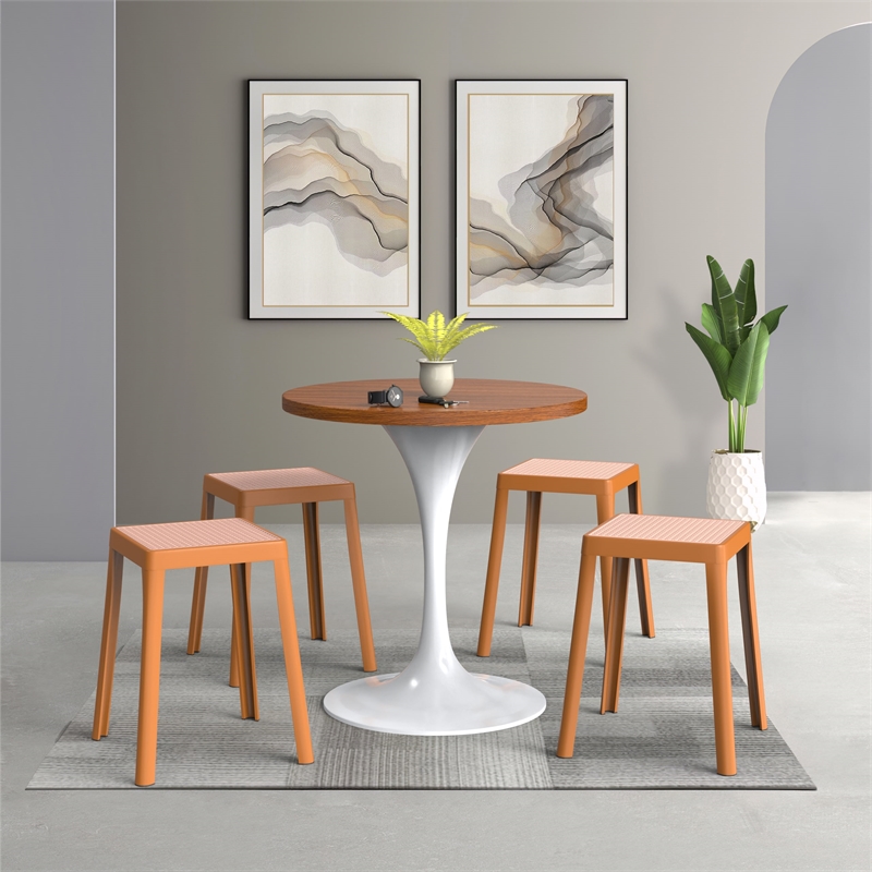LeisureMod Tresse Stackable Square Plastic Dining Stool with Wicker Top Yellow