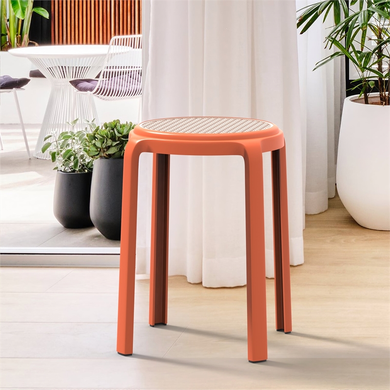 LeisureMod Tresse Stackable Round Plastic Dining Stool with Wicker Top Gray