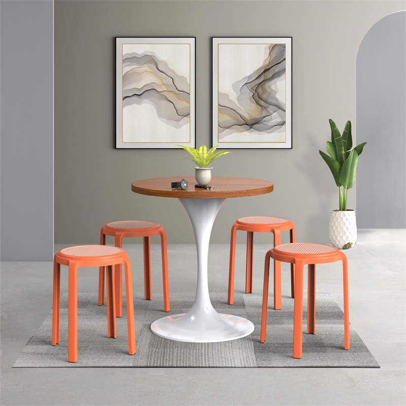 LeisureMod Tresse Stackable Round Plastic Dining Stool with Wicker Top Gray