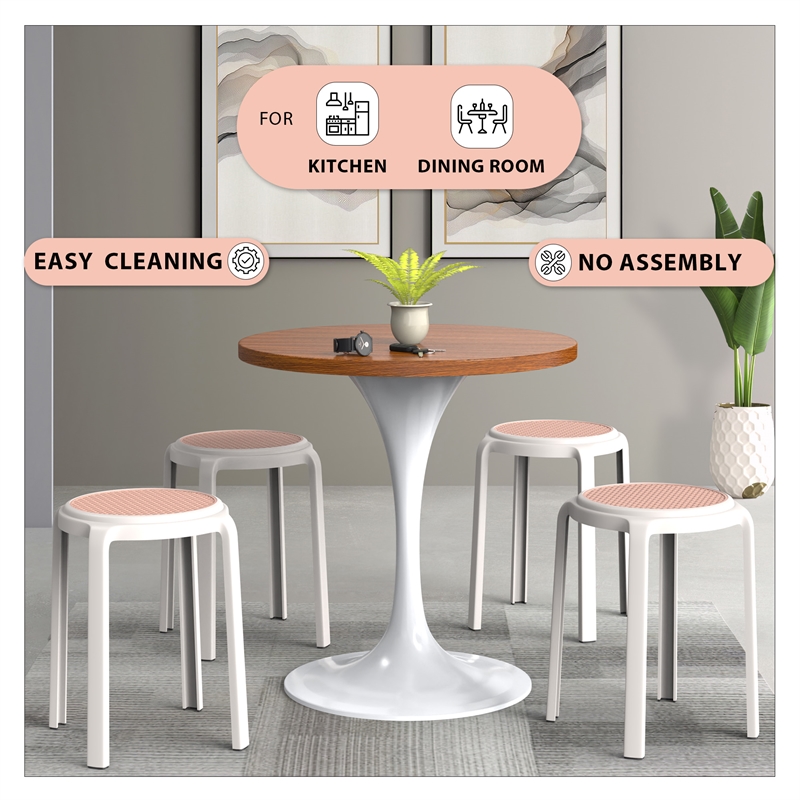 LeisureMod Tresse Stackable Round Plastic Dining Stool with Wicker Top Red