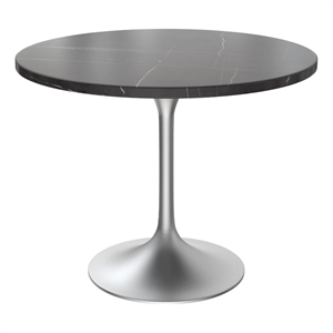 LeisureMod Verve 36&quot Round Dining Table Sintered Stone Top and Chrome Base Black