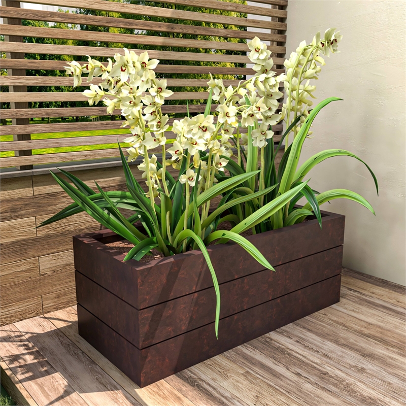 LeisureMod Oasis Indoor and Outdoor Rectangular Fiberglass Planter Box Brown