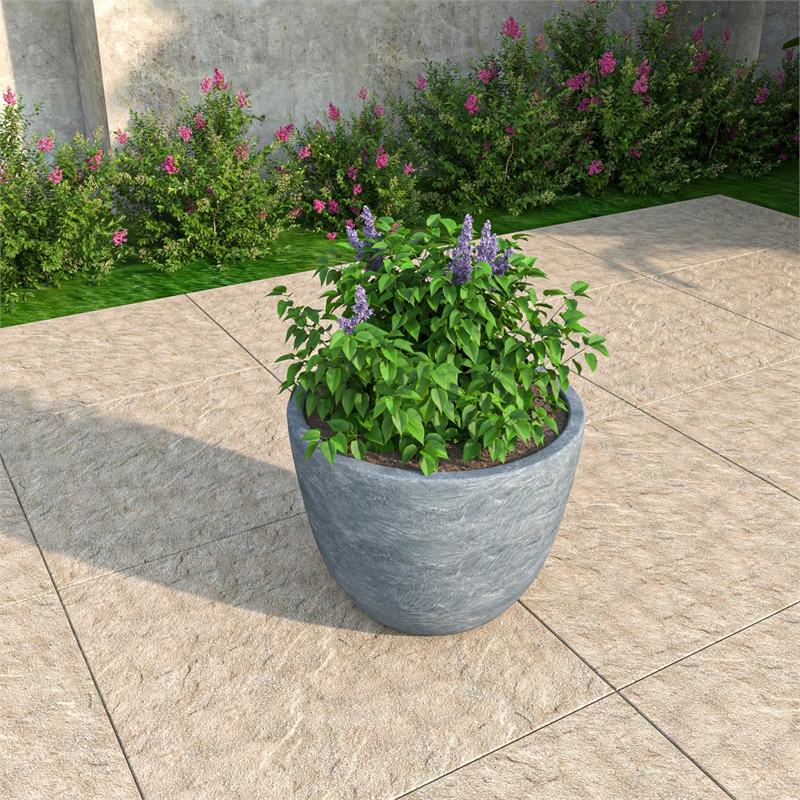 LeisureMod Modern Dahlia Fiberstone and Clay Round Planter Aged Concrete 10.8