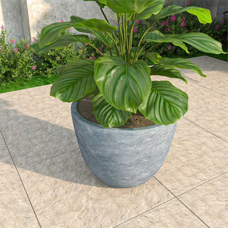 LeisureMod Modern Dahlia Fiberstone and Clay Round Planter Aged Concrete 13.6