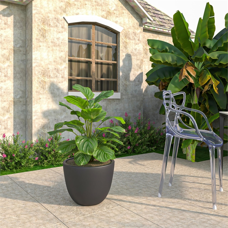 LeisureMod Modern Dahlia Fiberstone and Clay Round Planter Black 13.6