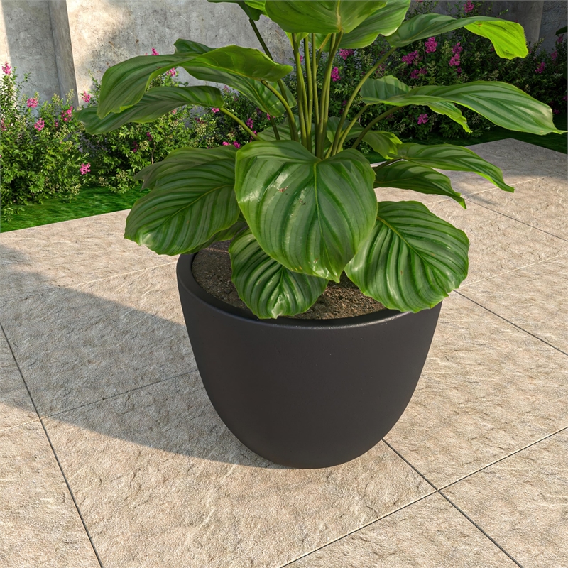 LeisureMod Modern Dahlia Fiberstone and Clay Round Planter Black 13.6