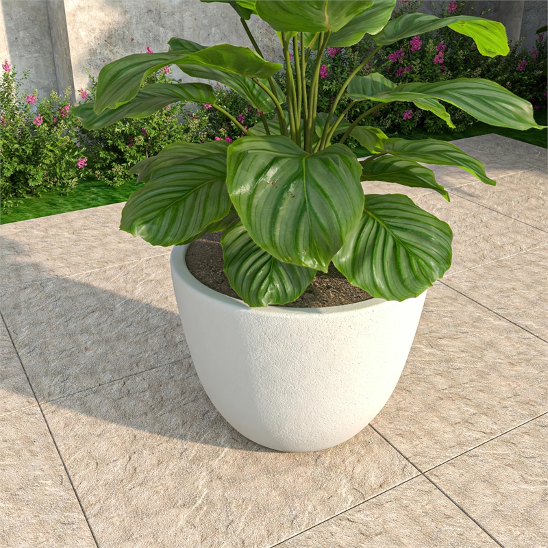 LeisureMod Modern Dahlia Fiberstone and Clay Round Planter White 13.6