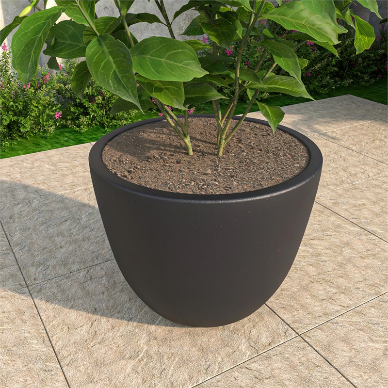 LeisureMod Modern Dahlia Fiberstone and Clay Round Planter Black 16