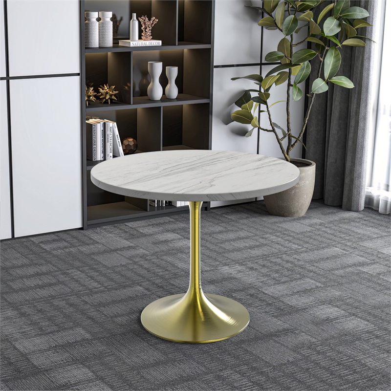 LeisureMod Verve Round Dining Table with Resin Top and Brushed Gold Base 36
