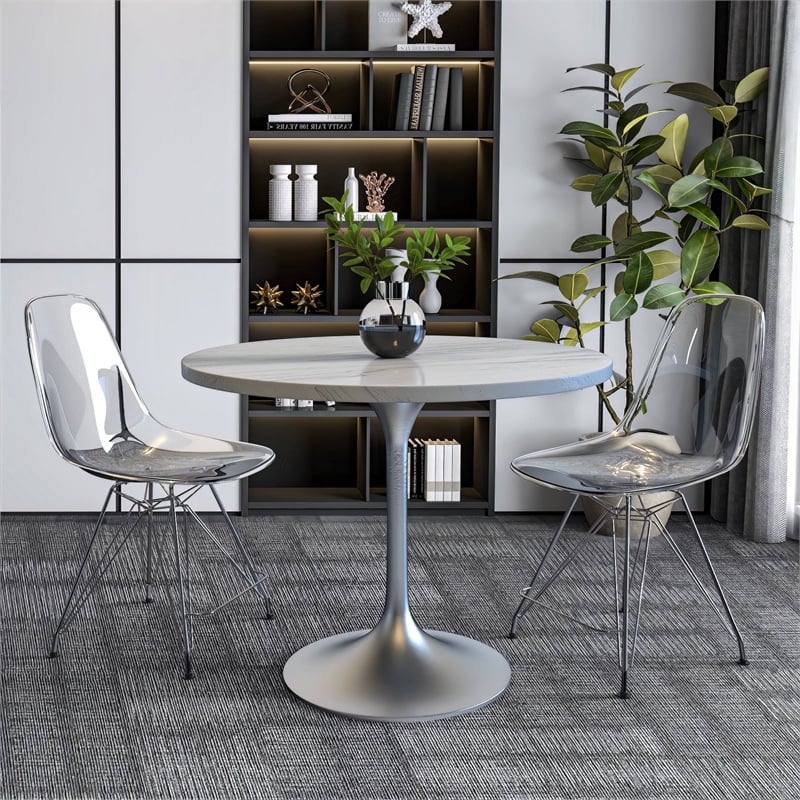 LeisureMod Verve Round Dining Table with Resin Top and Brushed Chrome Base 36