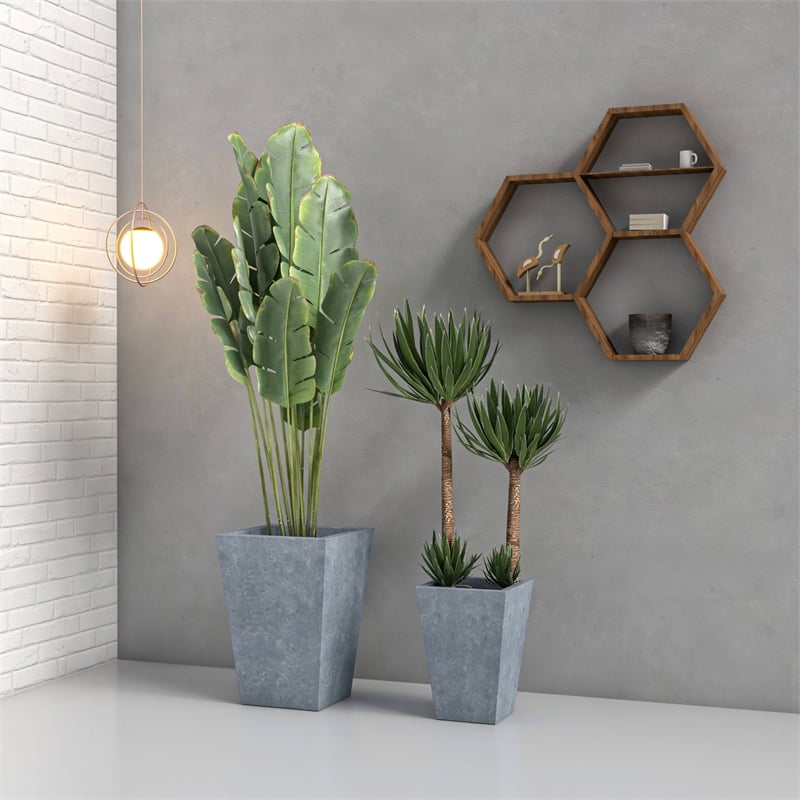 LeisureMod Serene Square Square Planter Set 15 Inch in Gray