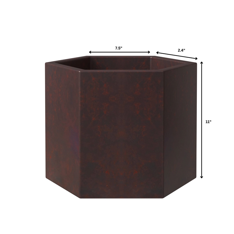 LeisureMod Thicket Indoor Outdoor Hexagonal Planter 11 Inch in Brown