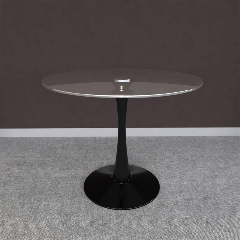 LeisureMod Bristol Round Dining Table with Glass Top & Iron Pedestal Base Black
