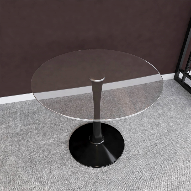 LeisureMod Bristol Round Dining Table with Glass Top & Iron Pedestal Base Black