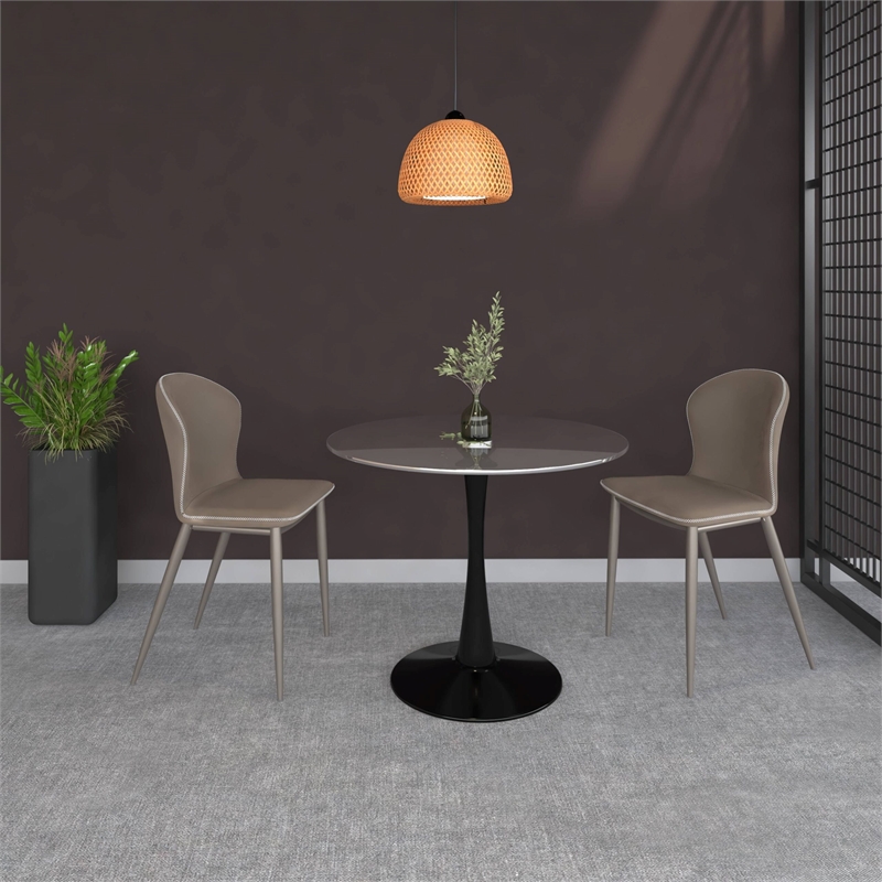 LeisureMod Bristol Round Dining Table with Glass Top & Iron Pedestal Base Black