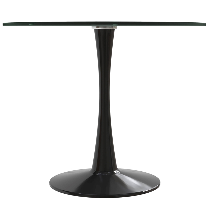 LeisureMod Bristol Round Dining Table with Glass Top & Iron Pedestal Base Black