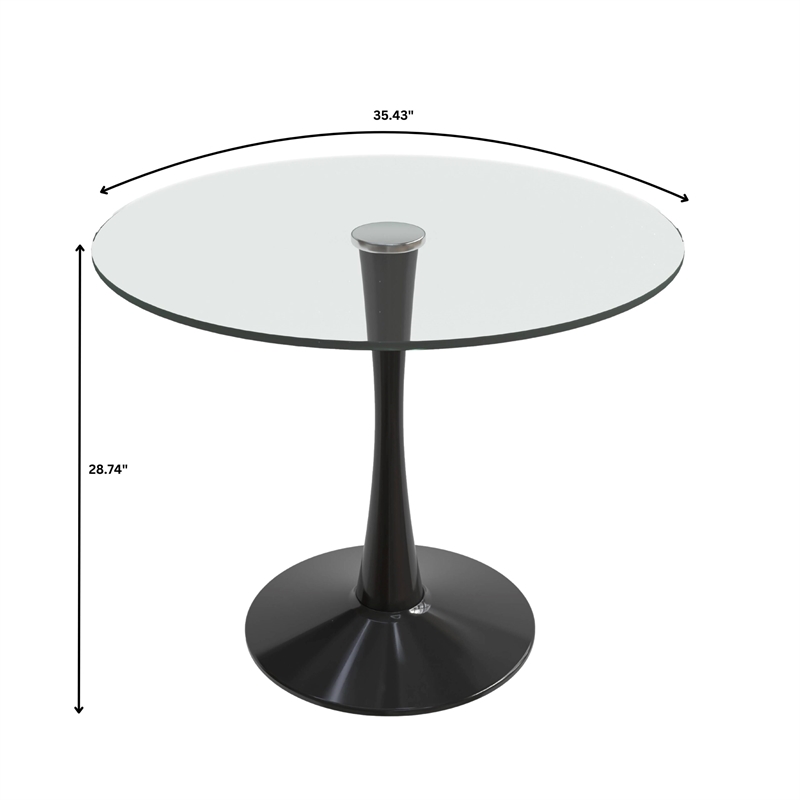 LeisureMod Bristol Round Dining Table with Glass Top & Iron Pedestal Base Black