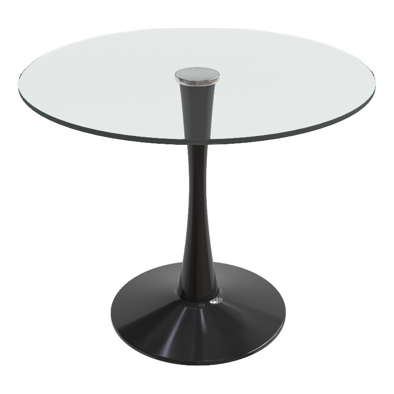 LeisureMod Bristol Round Dining Table with Glass Top & Iron Pedestal Base Black