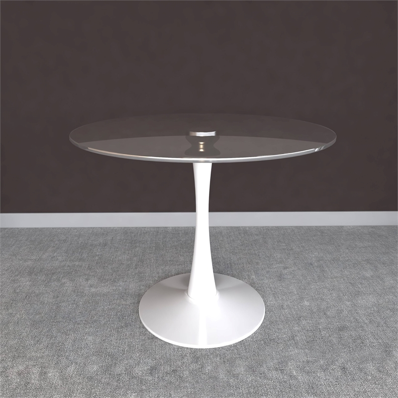 LeisureMod Bristol Round Dining Table with Glass Top & Iron Pedestal Base White
