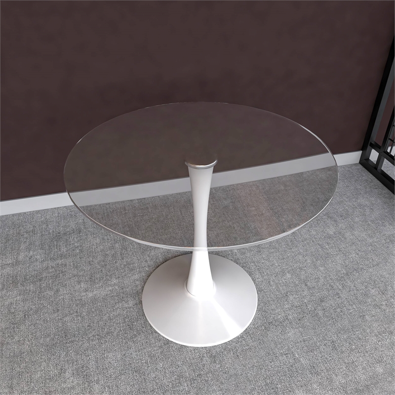 LeisureMod Bristol Round Dining Table with Glass Top & Iron Pedestal Base White