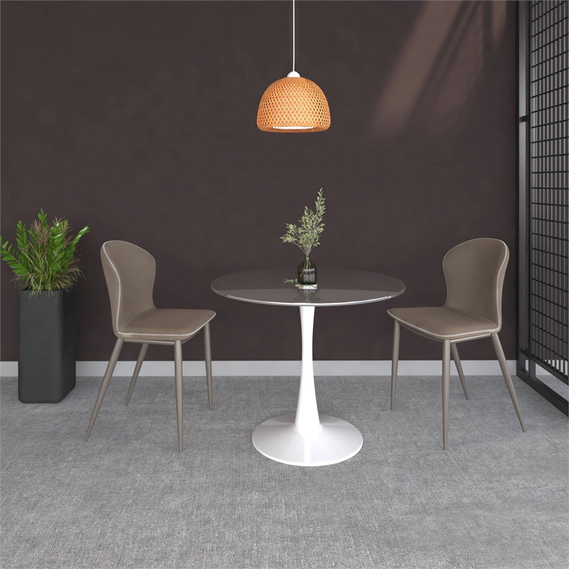 LeisureMod Bristol Round Dining Table with Glass Top & Iron Pedestal Base White