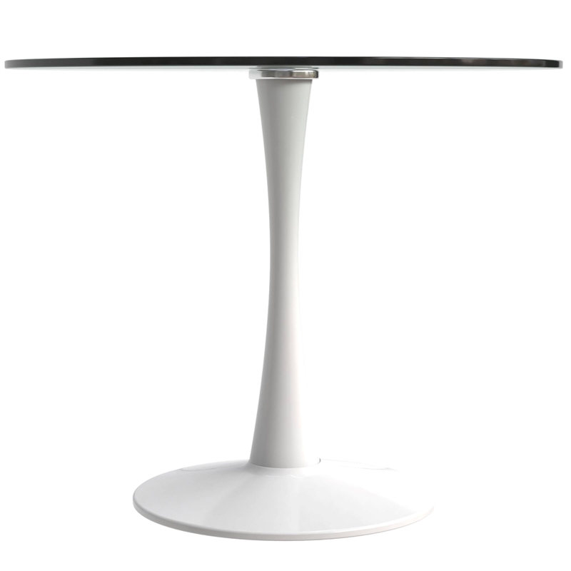 LeisureMod Bristol Round Dining Table with Glass Top & Iron Pedestal Base White