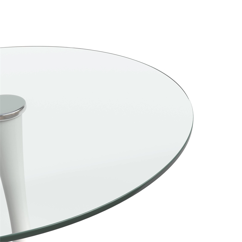 LeisureMod Bristol Round Dining Table with Glass Top & Iron Pedestal Base White