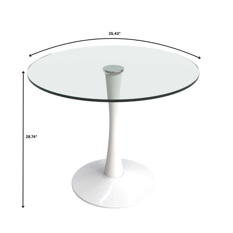 LeisureMod Bristol Round Dining Table with Glass Top & Iron Pedestal Base White