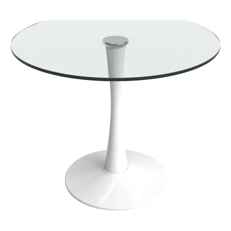 LeisureMod Bristol Round Dining Table with Glass Top & Iron Pedestal Base White