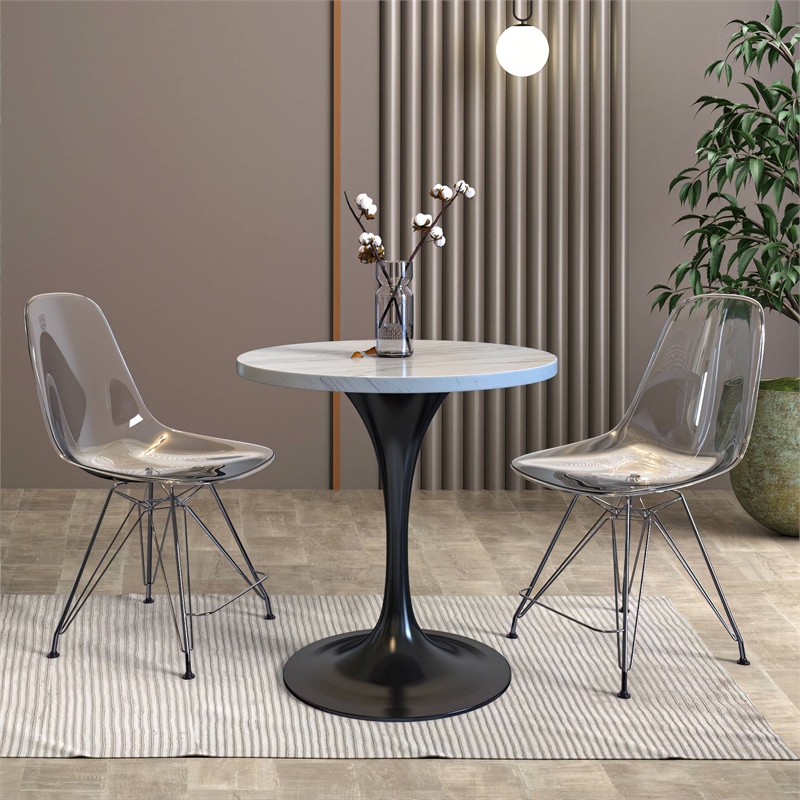 LeisureMod Verve Round Dining Table with White Resin Top and Black Base 27 Inch