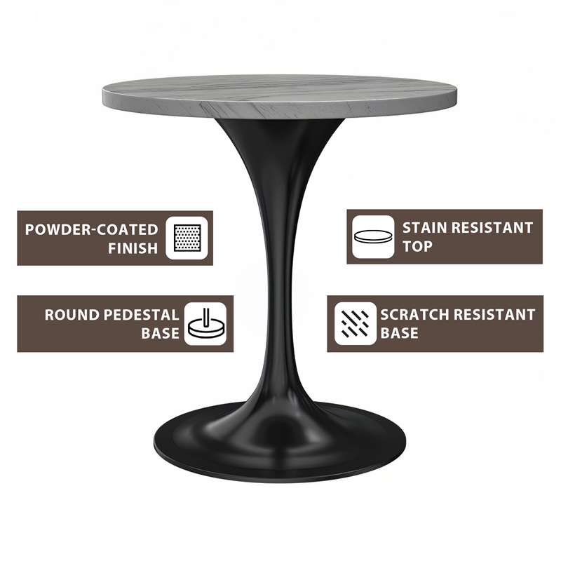 LeisureMod Verve Round Dining Table with White Resin Top and Black Base 27 Inch