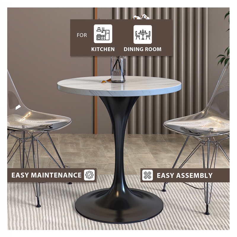 LeisureMod Verve Round Dining Table with White Resin Top and Black Base 27 Inch