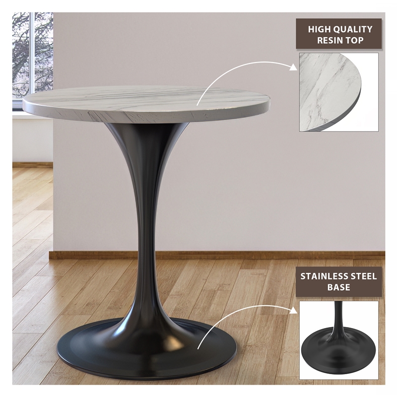 LeisureMod Verve Round Dining Table with White Resin Top and Black Base 27 Inch