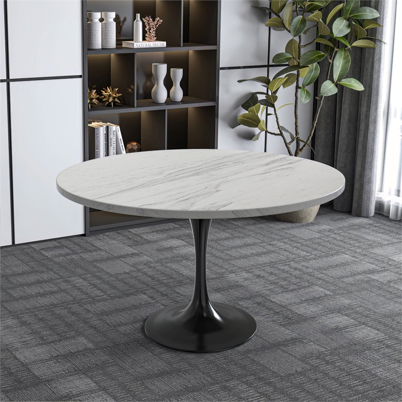 LeisureMod Verve Round Dining Table with White Resin Top and Black Base 48 Inch