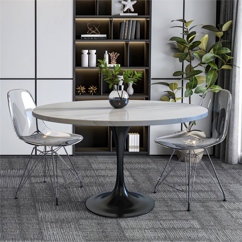 LeisureMod Verve Round Dining Table with White Resin Top and Black Base 48 Inch