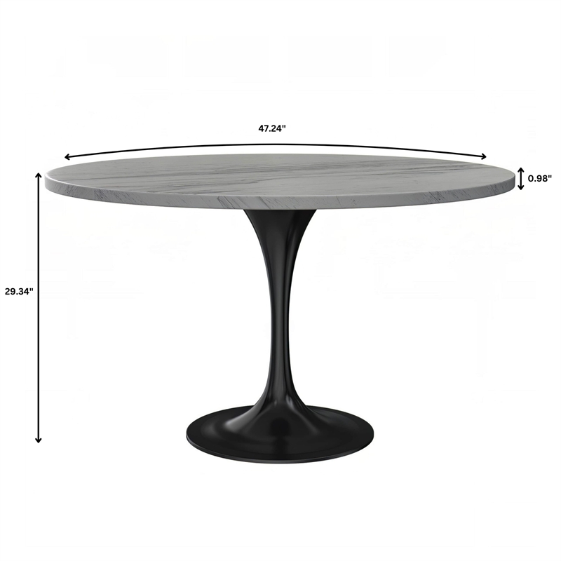 LeisureMod Verve Round Dining Table with White Resin Top and Black Base 48 Inch