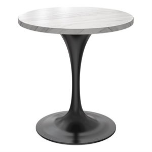 LeisureMod Verve 27&quot Round Dining Table Stone Top and Black Steel Base White